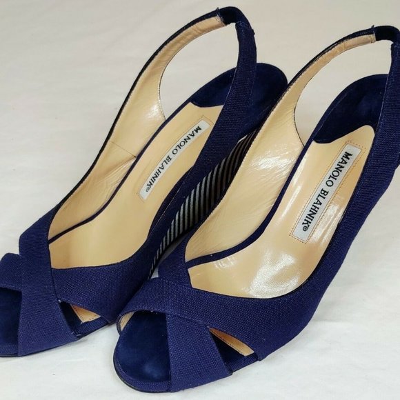 Manolo Blahnik Blue & White Suede & Canvas Slingba - Picture 2 of 6